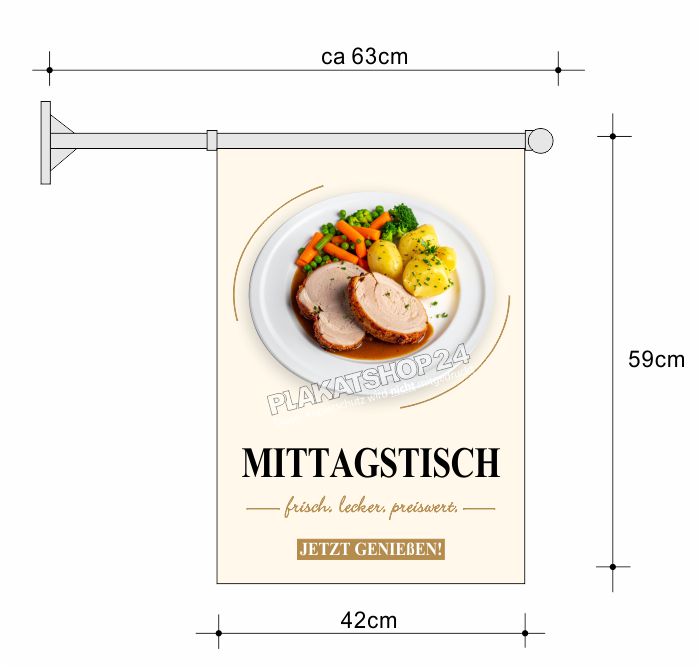 Gastro Fahne Mittagstisch 42x59cm | Wetterfeste Stockfahne inkl. Wandhalterung Gastro Fahne Mittagstisch 42x59cm | Wetterfeste Stockfahne inkl. Wandhalterung