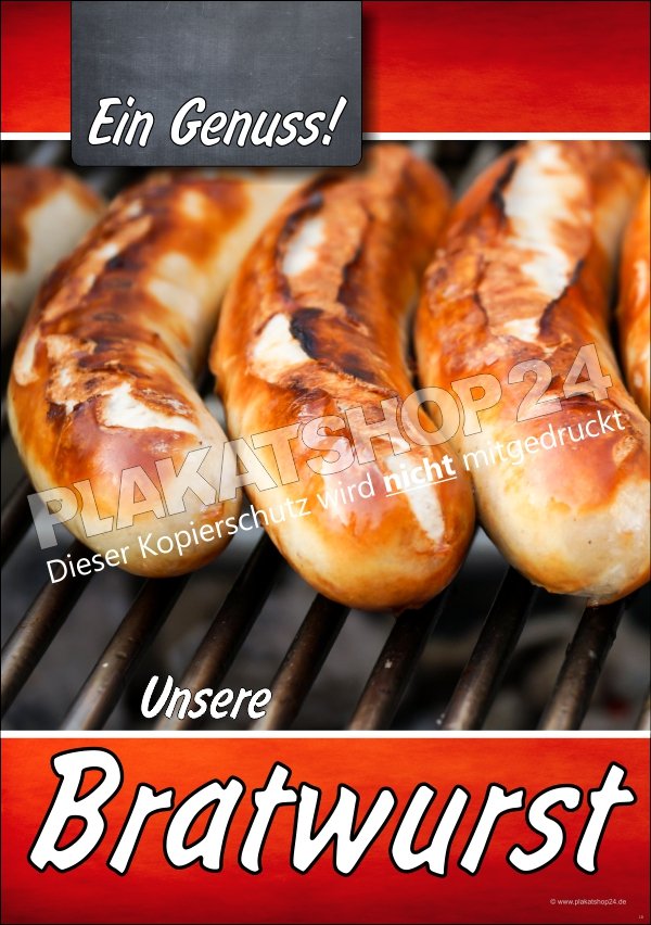 Bratwurst-Werbeschild (Plakat) mit Foto Bratwurst vom Rost