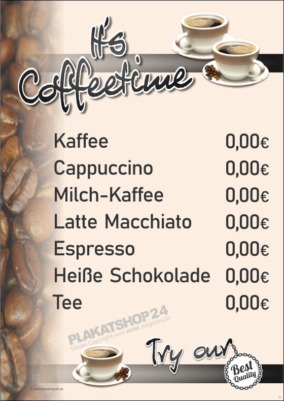 Kaffee-Werbeschild (Plakat) mit Preisliste Kaffeespezialitäten