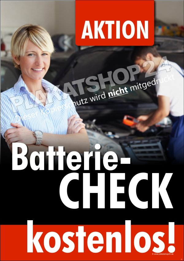 Plakat kostenloser Batterie-Check in Autowerkstatt