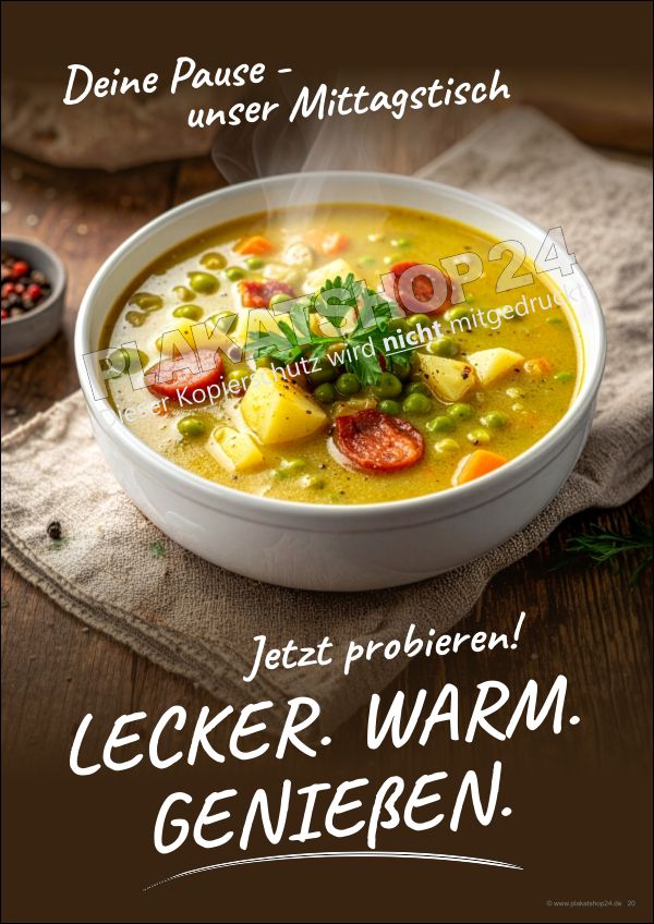 Gastro Plakat Mittagstisch – Werbeposter für Suppe & Eintopf wetterfest | Plakatshop24 Gastro Plakat Mittagstisch – Werbeposter für Suppe & Eintopf wetterfest | Plakatshop24