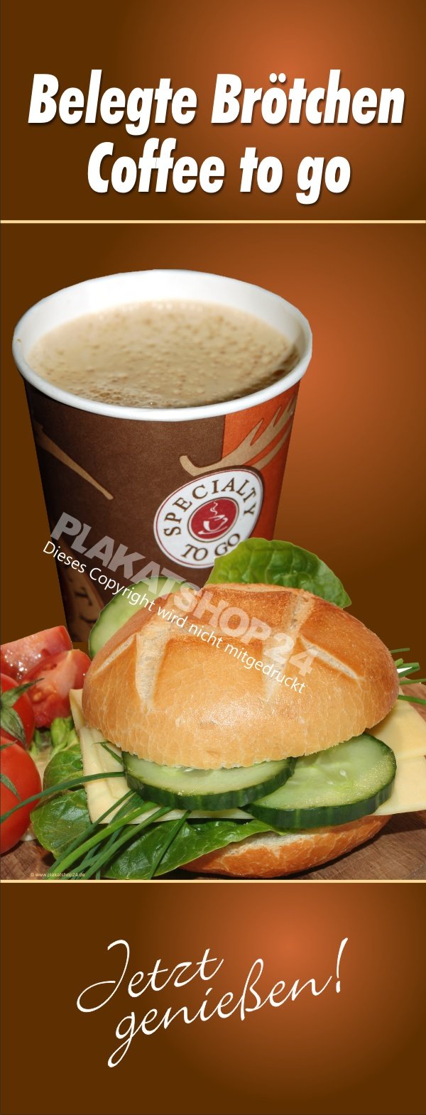 Banner im Hochformat für Werbung für belegte Brötchen und Coffee to go