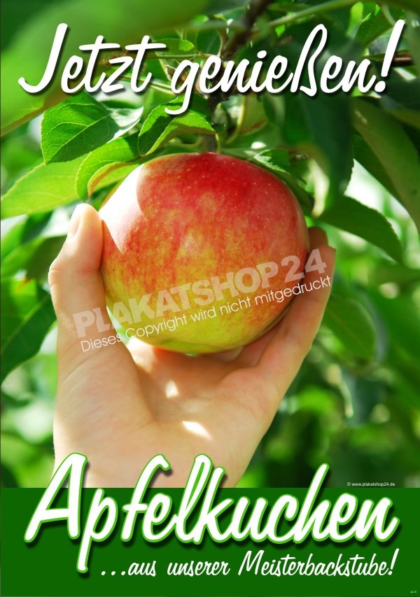 Plakat für Apfelkuchen-Werbung mit Foto Apfel pflücken