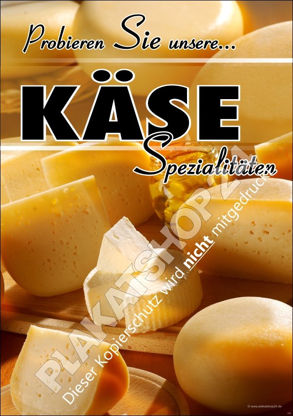 Plakat Käse-Spezialitäten mit Bild verschiedene Käsesorten