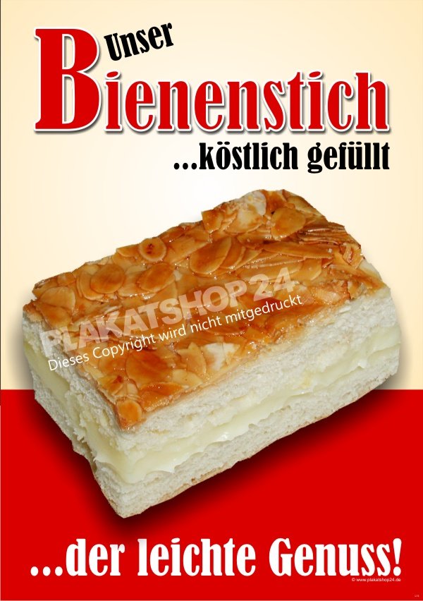 Bienenstich Plakat für Kuchen-Werbung in Bäckerei