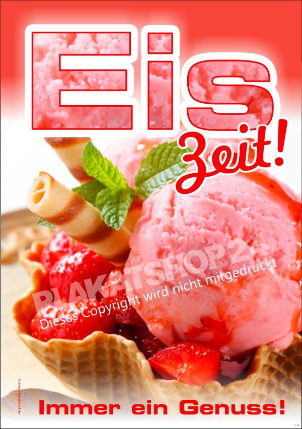 Eis-Werbeschild mit Foto Erdbeereis in der Waffel