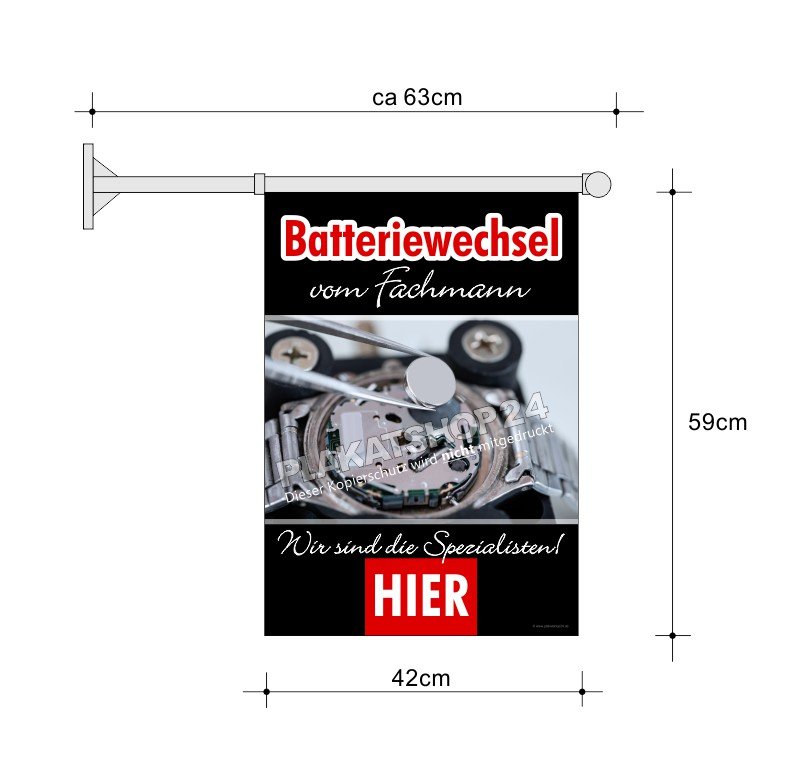 Stockfahne_Uhrenverkauf Batteriewechel vom Fachmann - Stockfahne A2 für Juweliere