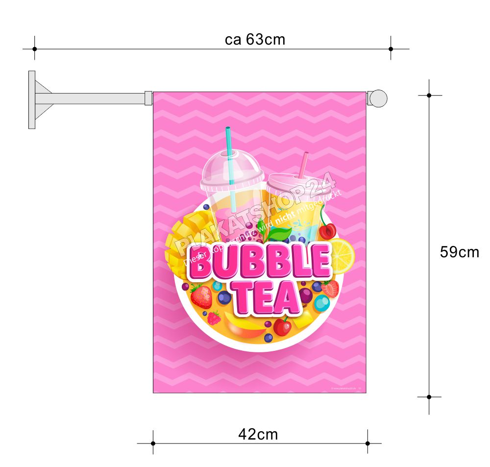 Bubble Tea Werbefahne inkl. Wandhalterung – Beidseitig bedruckte Kiosk-Fahne – Wetterfeste PVC-Plane