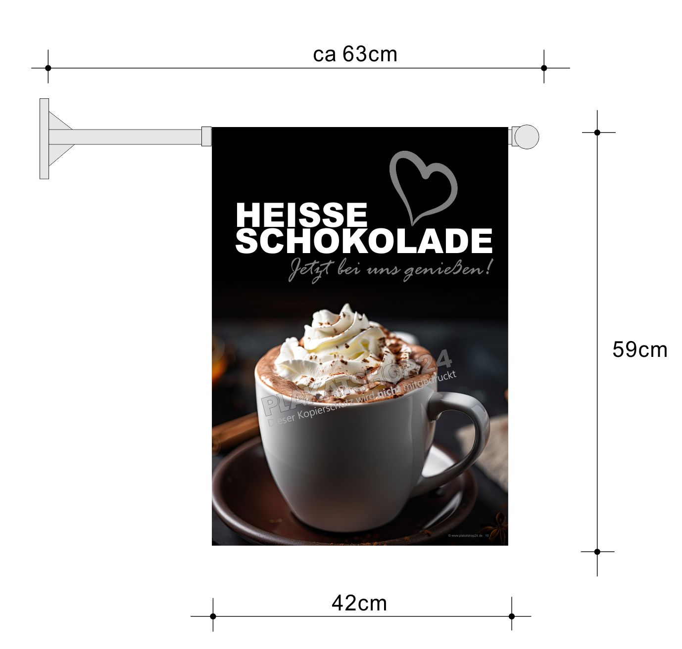 Gastronomiefahne mit Werbung für heiße Schokolade / heißen Kakao