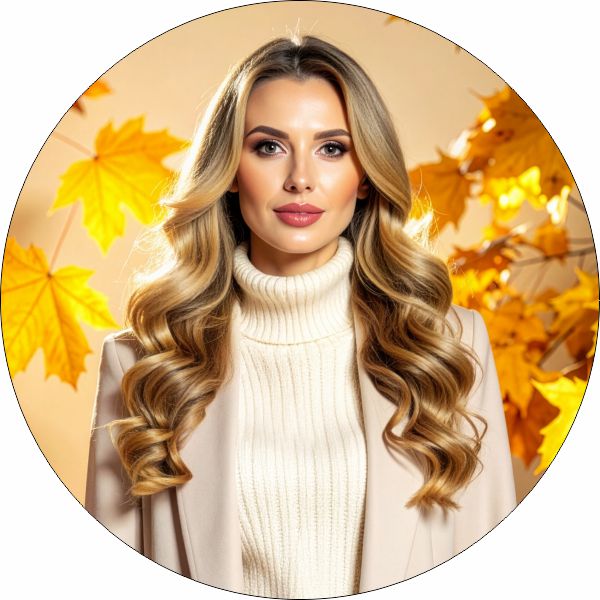 Klebefolie Rund Friseurwerbung Herbst – Wetterfeste Schaufensterdeko mit Damen-Porträt Klebefolie Rund Friseurwerbung Herbst – Wetterfeste Schaufensterdeko mit Damen-Porträt