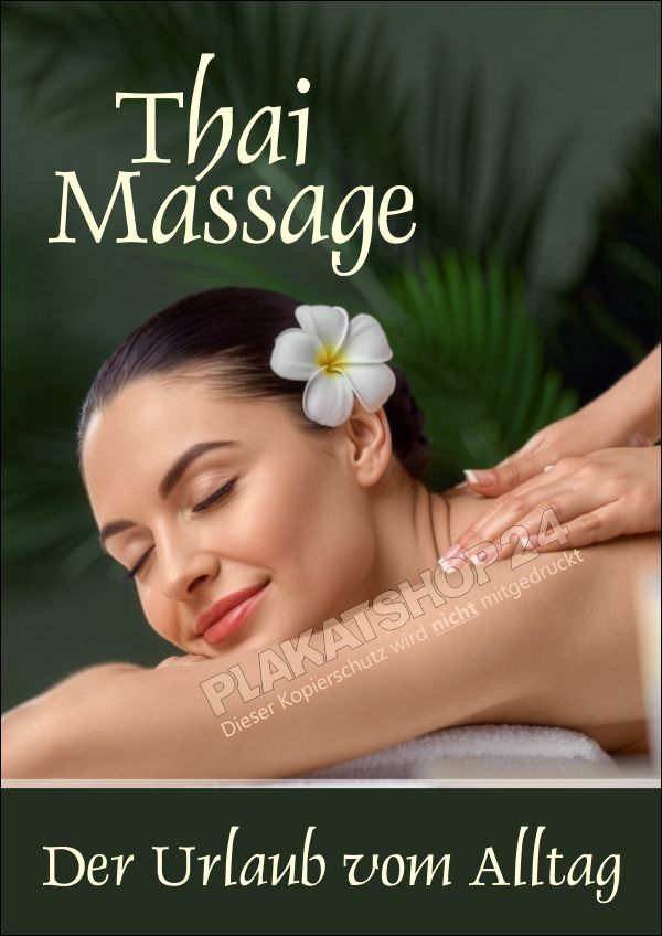Plakat Thai Massage „Urlaub vom Alltag“ | Wetterfeste PVC-Plane & Klebefolie | A4-A0
