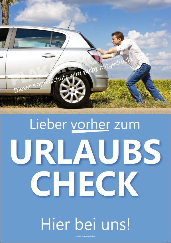 Urlaubscheck-Werbeplakat für Autowerkstatt und Tankstelle