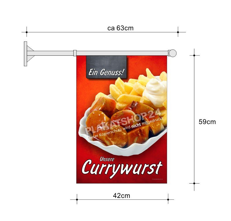 Gastrofahne mit Werbung für Currywurst mit Pommes