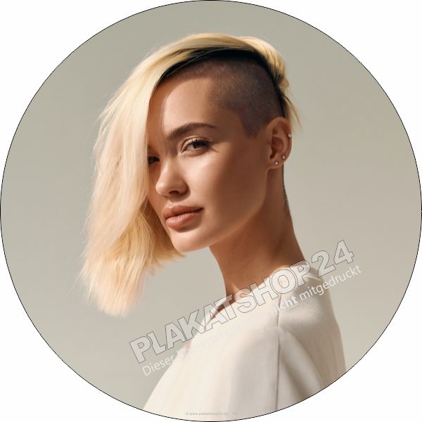 Friseur Aufkleber Rund Damen-Sidecut Blond – Premium Schaufenster-Klebefolie wetterfest für Friseursalons