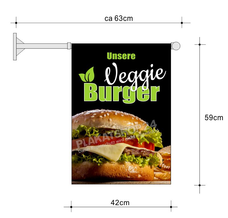 Gastrofahne bedruckt mit Werbung für Veggie-Burger