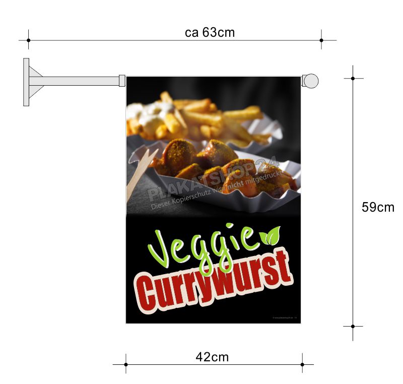 fahne-veggie-currywurst Imbissfahne mit Werbung für Veggie-Currywurst
