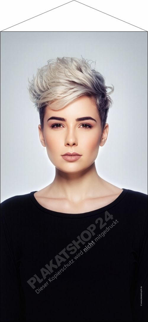 ✂️ Friseur-Stoffbanner Moderne Kurzhaarfrisur Silber | Plakatshop24 💇‍♀️