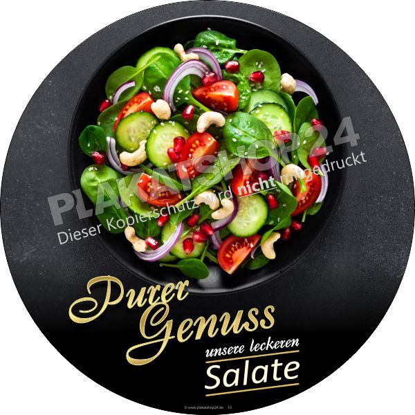 Klebefolie Salate Purer Genuss – Rundes Werbedisplay UV-stabil für Glasflächen Klebefolie Salate Purer Genuss – Rundes Werbedisplay UV-stabil für Glasflächen