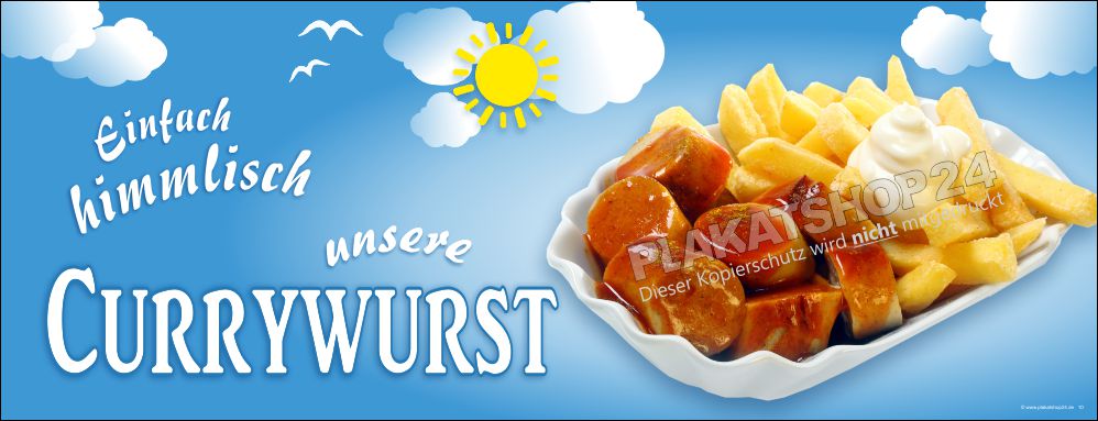 Werbeplane für Imbissbetrieb für Currywurst mit Pommes