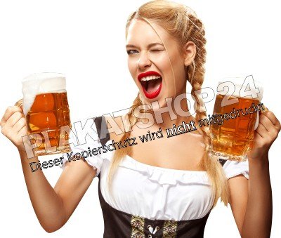 Oktoberfest-Aufkleber Frau im Dirndl und Maßkrügen