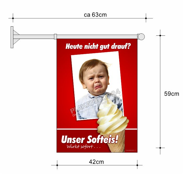 Stockfahne Softeis „Wirkt sofort“ – Werbefahne für Außenwerbung