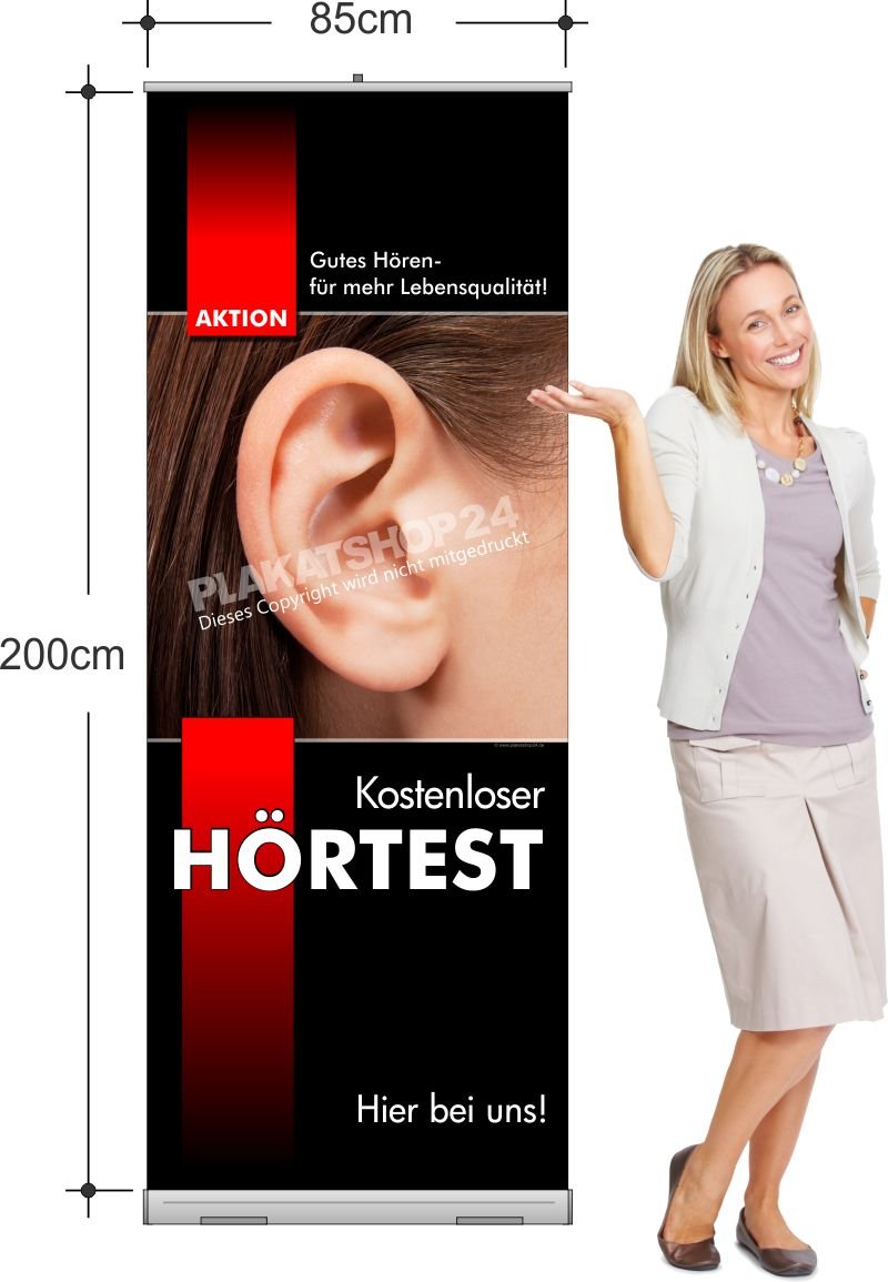 Rollup-Banner für kostenlosen Hörtest beim Hörgeräteakustiker