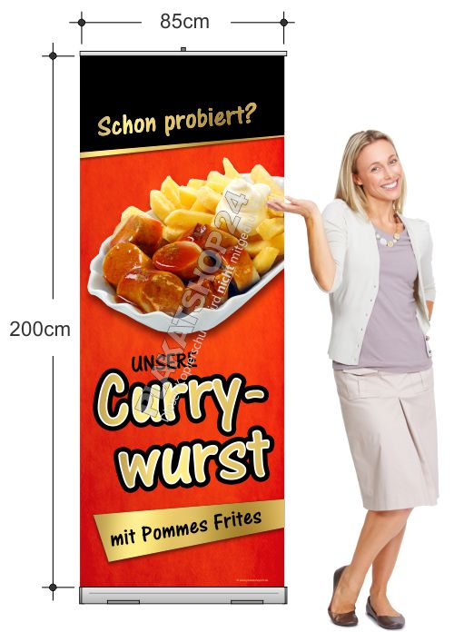 Gastro-Rollupdisplay für Werbung Currywurst mit Pommes