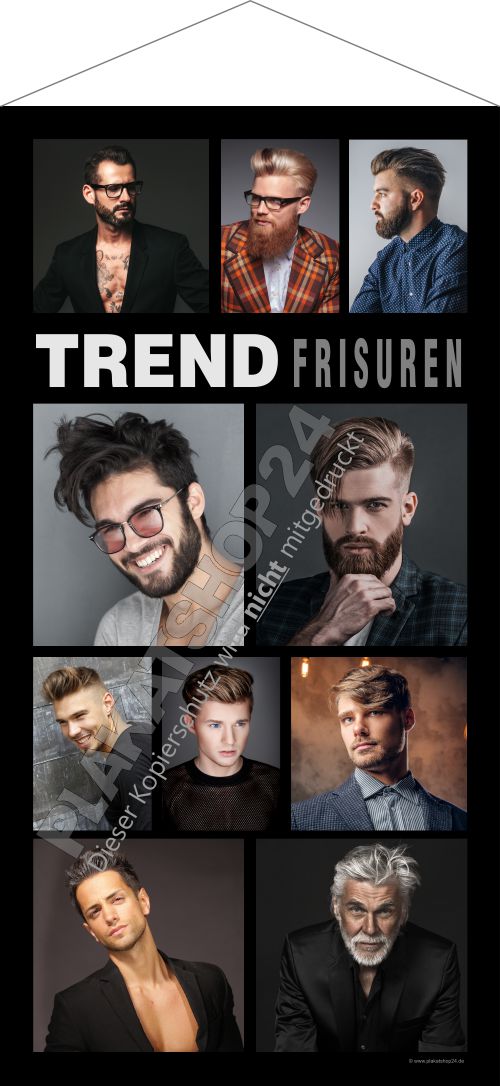 Friseur-Stoffbanner mit vielen Herren-Frisurenfotos