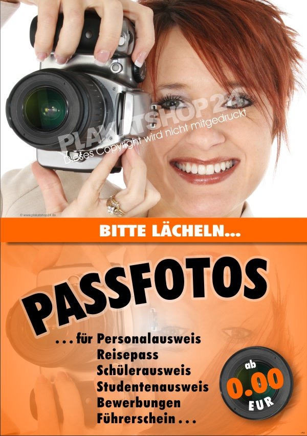 Plakat Passfotos als Werbung für Passfotos im Plakatständer oder Schaufenster