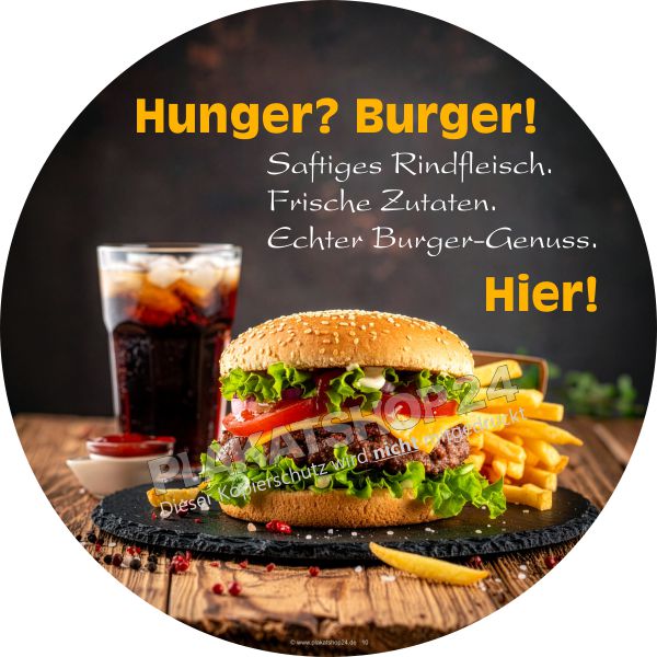 Runde Klebefolie "Hunger? Burger!" – Runder Schaufensterkleber für Gastronomie & Fast Food