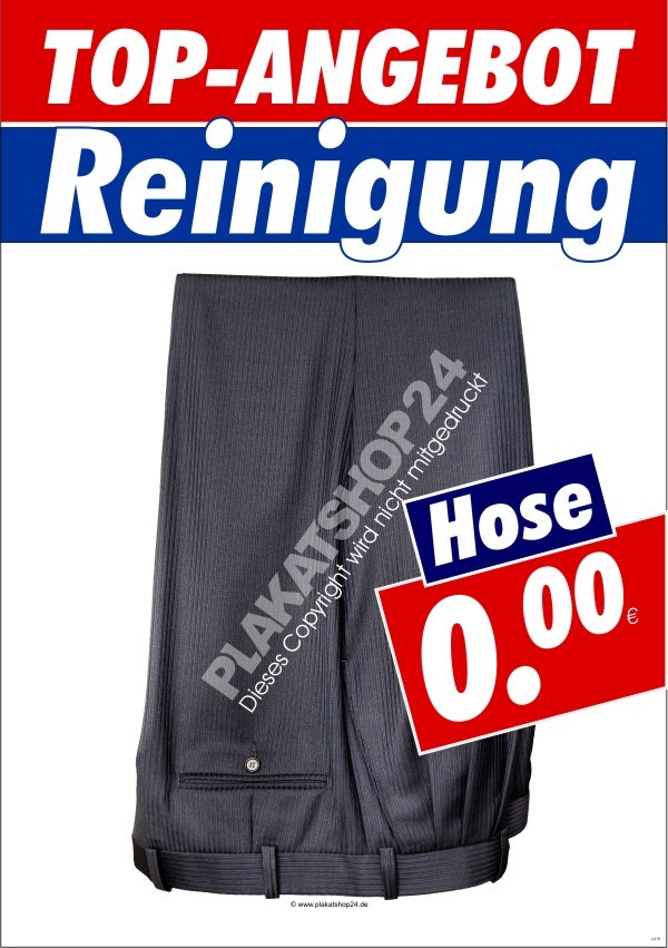 Plakat Top-Angebot Hosenreinigung mit Bild hängende Anzughose