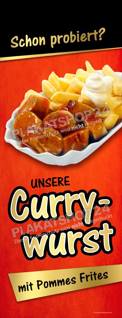 werbeplane-currywurst Gastro-Werbeplane für Currywurst mit Pommes