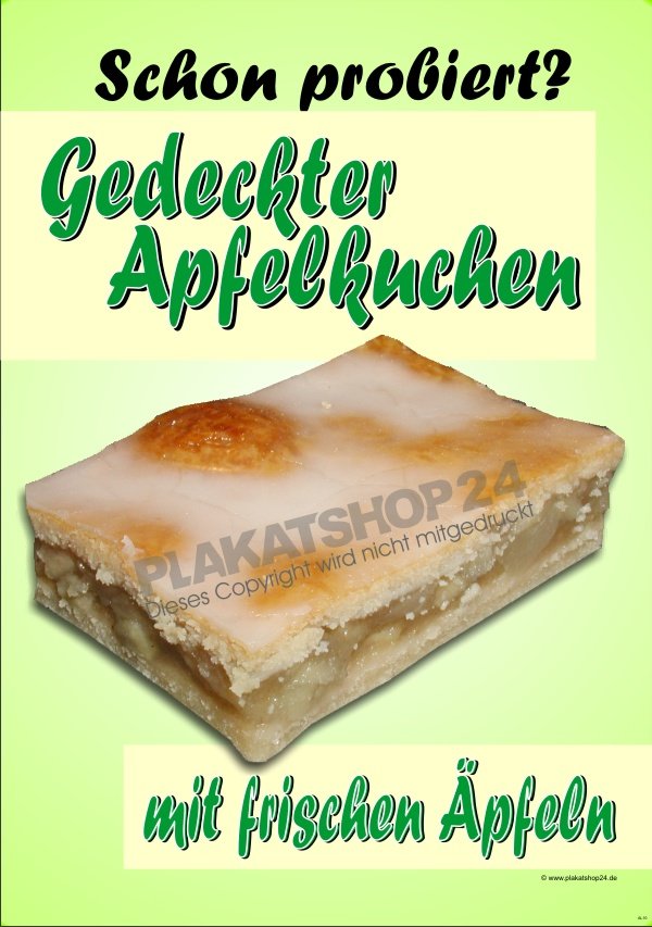 Werbeplakat gedeckter Apfelkuchen