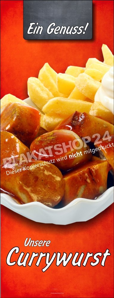 Imbiss-Banner für Currywurst mit Pommes-Reklame
