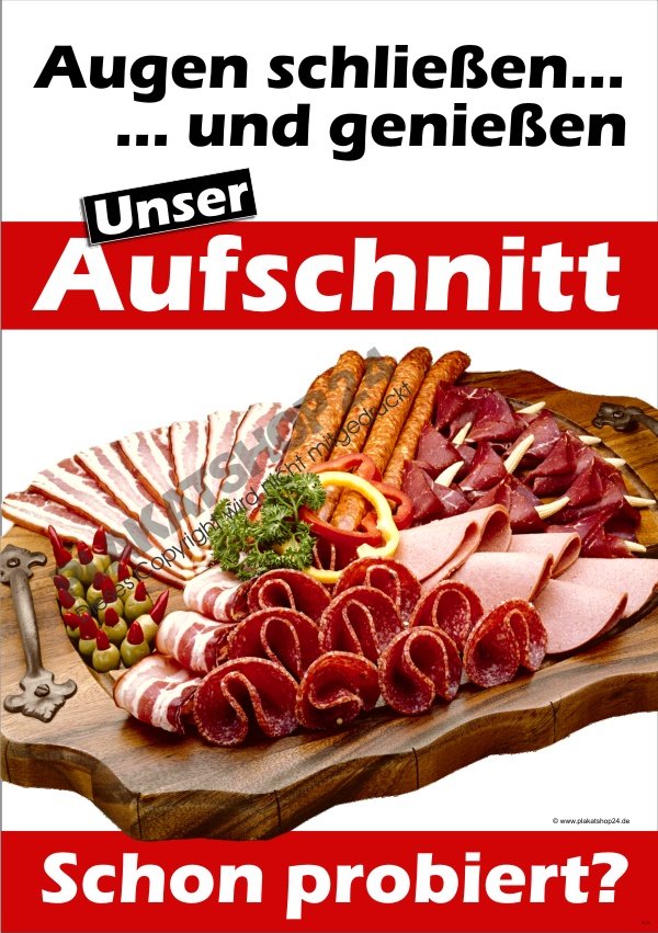 Werbeplakat für frischen Aufschnitt aus Metzgerei und Fleischerei