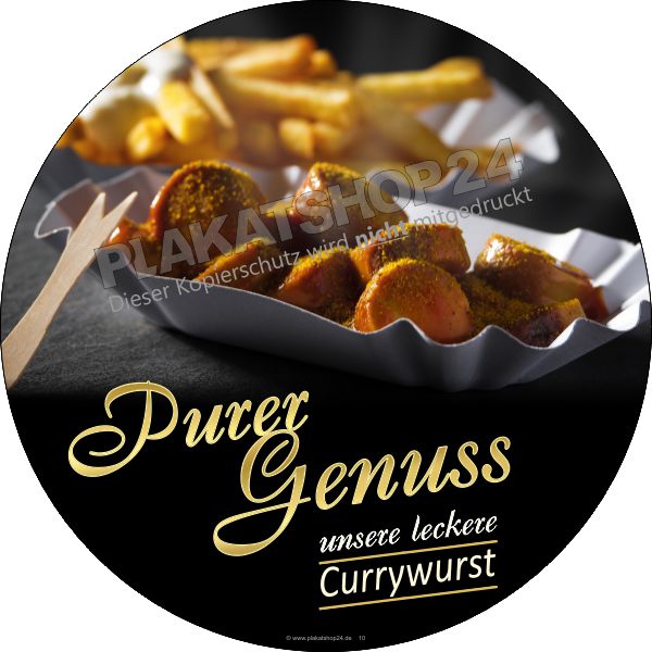 Runder Schaufensteraufkleber Currywurst – 30cm bis 61cm – UV-stabil mit Logo-Option Runder Schaufensteraufkleber Currywurst – 30cm bis 61cm – UV-stabil mit Logo-Option