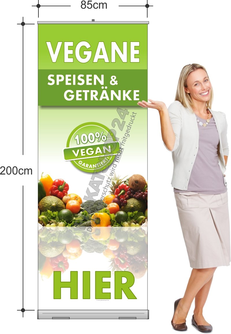 Rollup-Banner mit Werbung für veganes Essen und Trinken