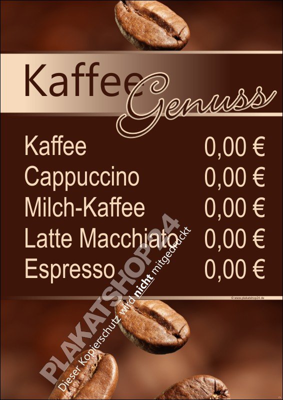 Werbeschild mit Preistafel für Kaffeespezialitäten
