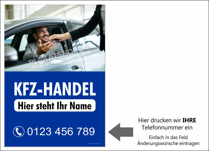 Kfz-Handel Werbeplakat mit Telefonnummer Kfz-Handel Werbeplakat mit Telefonnummer