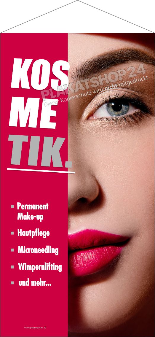 Stoffbanner für Kosmetikpraxis mit Aufzählung versch. Kosmetikbehandlungen