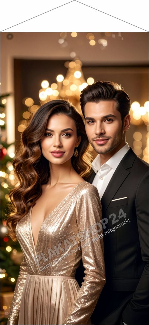 Stoffbanner Friseur Weihnachten – Textilbanner Glamour-Styling nachhaltig mit Aufhängung