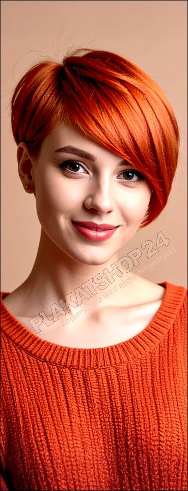 Friseurbanner mit Damen Kurzhaarfrisur in Kupferfarben