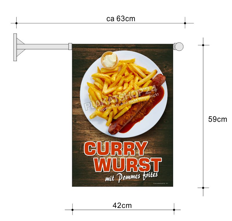 Imbissfahne mit Abbildung Currywurst und Pommes