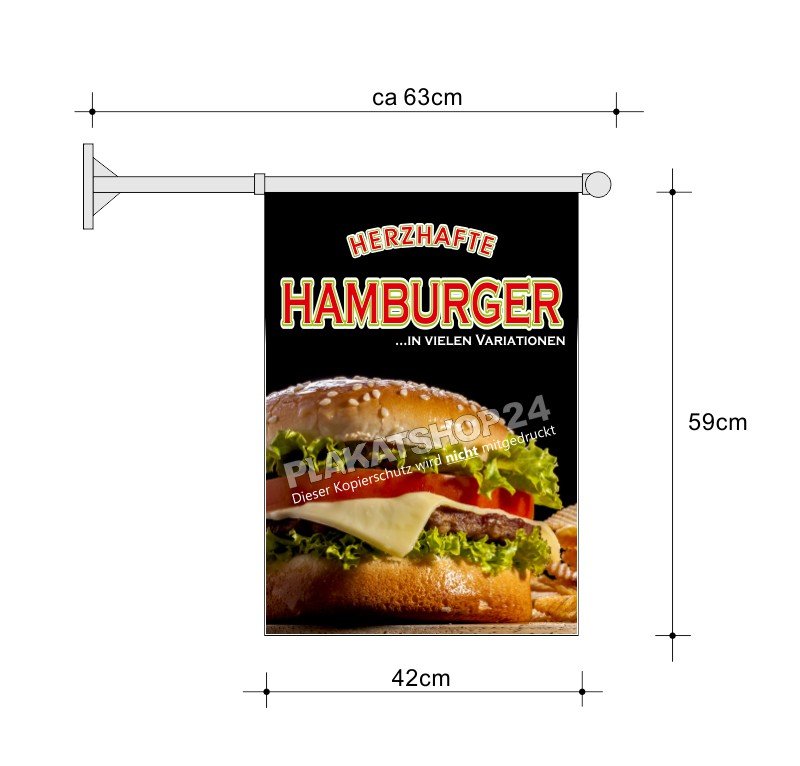Gastro-Stockfahne A2 mit Hamburger-Werbung