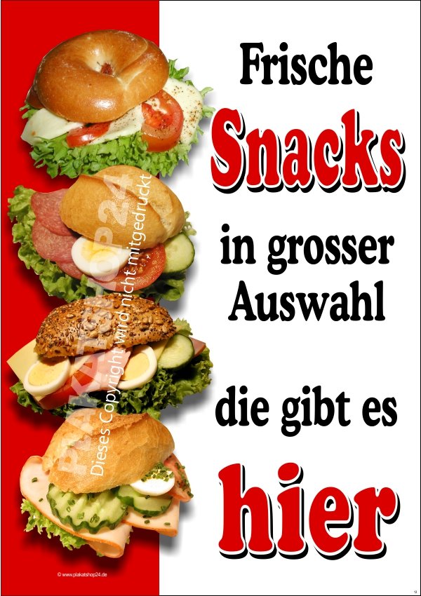 Snack-Plakat mit Bildern von belegten Brötchen und Bagel
