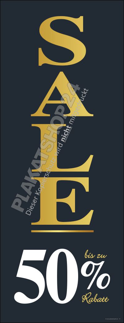 Exklusives Sale-Banner im Hochformat „Bis zu 50% Rabatt“ – Edle Gold-Optik auf Anthrazit – Wetterfest