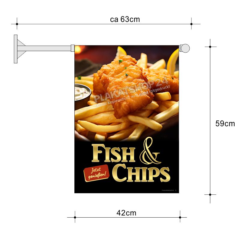 Stockfahne für Fischimbiss mit Werbung für Fisch und Chips Stockfahne für Fischimbiss mit Werbung für Fisch und Chips