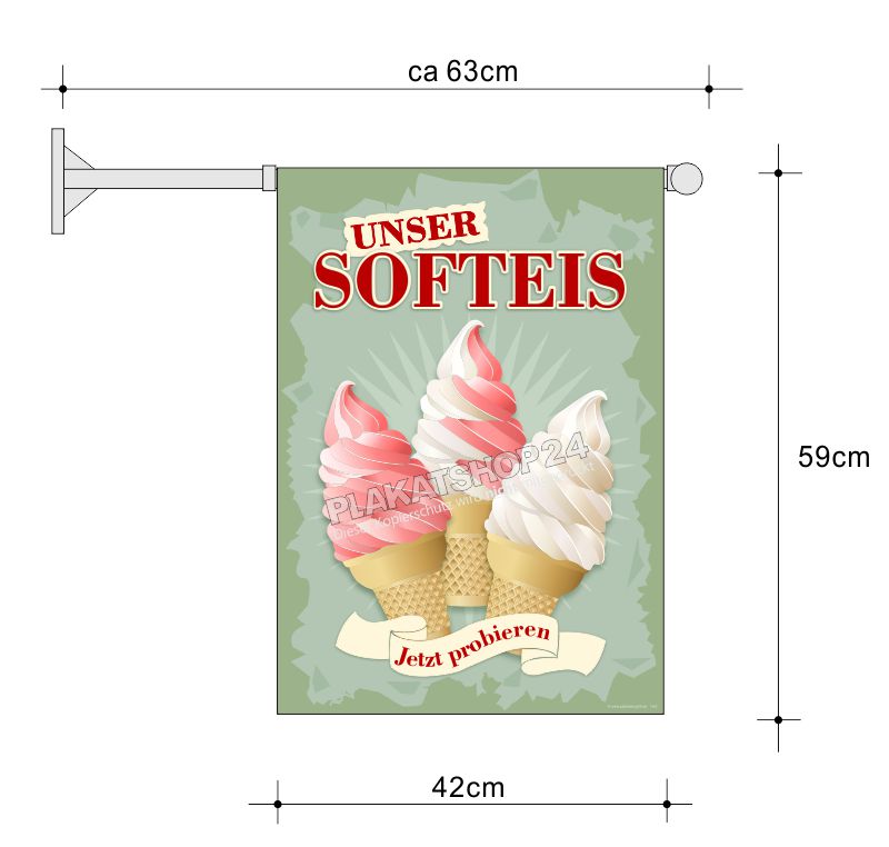 Fahne für Softeiswerbung Vanille, Vanille-Erdbeer und Erdbeer-Geschmack