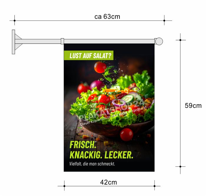 Stockfahne "Lust auf Salat?" – Werbefahne PVC-Plane beidseitig bedruckt inkl. Wandhalterung