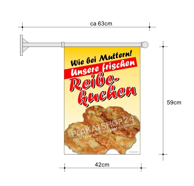 Stockfahne mit Werbung für frische Reibekuchen